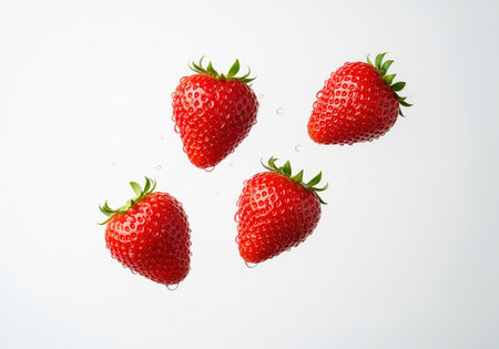 Four vibrant, ripe red strawberries with green caps, covered in fresh water droplets, suspended dynamically against a bright, high key white background. studio shot emphasizing freshness and flavor.の素材
