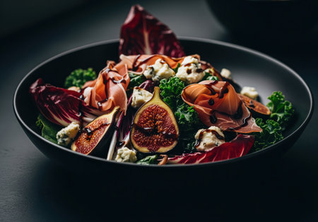 Gourmet winter salad featuring fresh figs, thinly sliced prosciutto, crumbled blue cheese, and dark leafy greens, drizzled with balsamic glaze in a black bowl. dramatic low key food photography.の素材