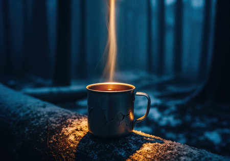 Steaming metal mug resting on a snow dusted log in a deep, dark forest. warm golden light highlights the steam and the cozy drink, contrasting with the cold, moody blue atmosphere.の素材