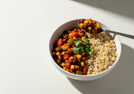 Wholesome vegan chili served with organic brown rice in a white bowl, highlighted by harsh sunlight and shadows. includes beans, corn, and peppers.の素材