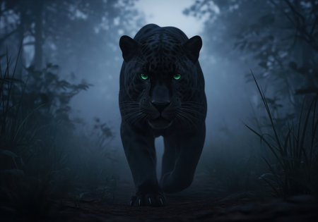 Sleek black panther stalking through a dense, dark forest shrouded in mist and fog. the nocturnal predator bright green eyes pierce the darkness.の素材