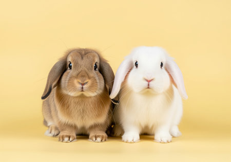 Brown and white mini lop rabbits sitting together, facing forward in a bright studio. the pair of bunnies are posed against a cheerful yellow background, symbolizing spring and easter.の素材
