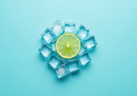 Bright green lime slice centered and surrounded by clear ice cubes, presented on a vibrant turquoise blue surface. represents freshness, cold drinks, and summer refreshment.の素材