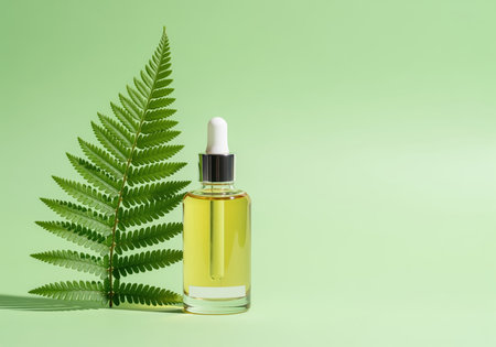 Cosmetic dropper bottle filled with yellow natural oil standing next to a vibrant green fern leaf. studio shot on a light pastel green background, emphasizing organic skincare and wellness.の素材