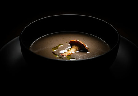 Rich, dark mushroom bisque soup garnished with a chanterelle mushroom and olive oil drops, presented in a black bowl. dramatic low key food photography style.の素材