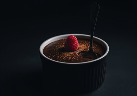 Rich, velvety dark chocolate mousse served in a black ceramic ramekin, topped with a bright red raspberry and cocoa powder. a spoon is dipped into the dessert, captured with moody, low key lighting emphasizing indulgence.の素材