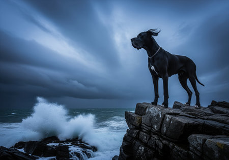 Black great dane dog standing on dark, rugged rocks above the ocean during a severe storm. waves crash below against the cliff under a dramatic, cloudy sky, symbolizing strength and vigilance.の素材