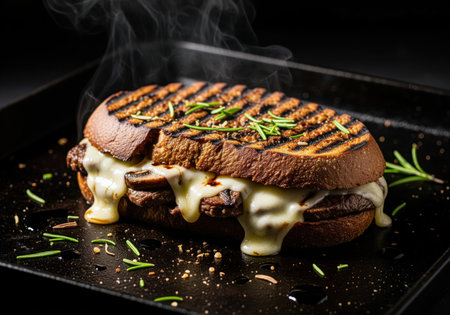Grilled steak and mushroom panini, featuring dark, crusty bread with prominent grill marks, dripping melted cheese, and fresh rosemary garnish. steam rises from the hot sandwich, resting on a dark, seasoned surface.の素材