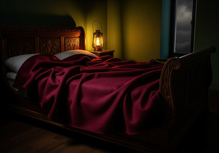 Antique wooden bed covered with a heavy, rumpled burgundy woolen blanket in a dark, moody bedroom interior. dramatically illuminated by a warm glowing oil lantern, creating a vintage, mysterious atmosphere.の素材