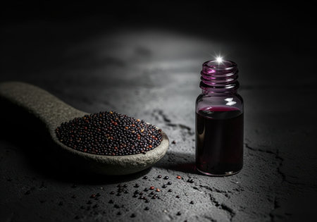Black quinoa seeds piled on a rustic stone spoon next to a small glass vial containing dark purple essential oil extract. low key, dramatic lighting emphasizes natural wellness and superfood concepts.の素材