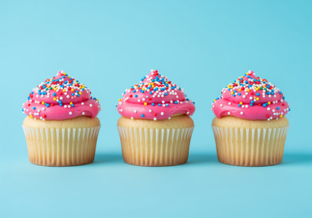 Three vanilla cupcakes topped with vibrant pink frosting and colorful sprinkles, arranged in a straight row against a solid light blue background. sweet dessert treat.の素材