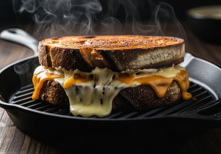Grilled cheese sandwich made with thick, toasted dark bread and generous amounts of melted cheddar and white cheese, oozing onto a hot cast iron grill pan. comfort food concept.の素材