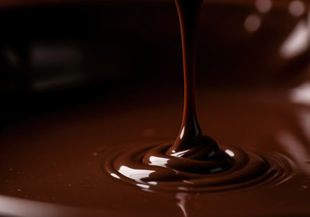 Thick, glossy stream of rich dark chocolate pouring into a pool, creating smooth ripples and reflections. dramatic low key lighting emphasizes the luxurious texture and indulgence.の素材