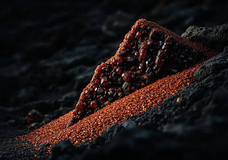 Jagged dark volcanic rock formation covered in sparkling deep burnt orange garnet crystals, contrasting sharply with the surrounding fine black sand. macro view emphasizing texture and mineral wealth.の素材