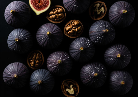 Ripe purple figs and cracked walnuts arranged in a dramatic, high contrast flat lay composition on a black background. one fig is halved, showing the red pulp. sprinkled with sea salt flakes.の素材