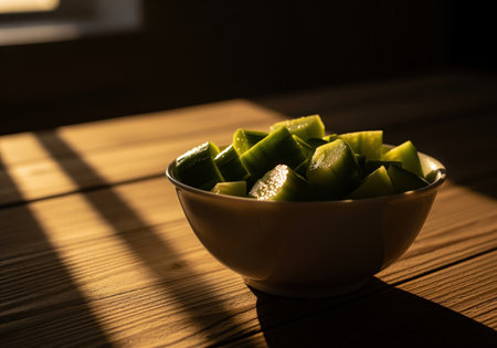 Diced cucumber pieces filling a white ceramic bowl, resting on a rustic wooden plank surface. dramatic low key lighting highlights the fresh green vegetable, casting long, sharp shadows across the table. ideal for healthy eating and cooking concepts.の素材