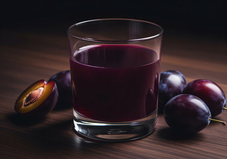 Dark plum juice served in a glass, complemented by whole and halved fresh ripe plums resting on a rich, dark wooden surface. low key lighting emphasizes the deep purple color of the healthy fruit drink.の素材