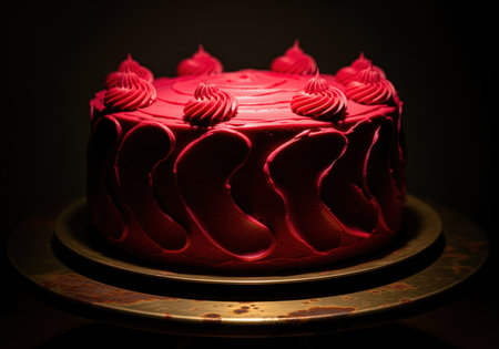 Vibrant crimson red velvet cake covered in thick cream cheese frosting, dramatically lit in a moody, low key studio setting. perfect dessert for celebration or holiday.の素材