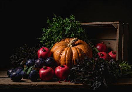 Moody still life composition featuring a pumpkin, pomegranates, and dark plums arranged with fresh parsley and leafy greens on a rustic wooden surface against a black background. perfect for fall and harvest themes.の素材