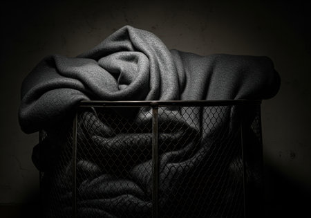 Heavy dark grey wool blanket dramatically draped over a rugged black metal mesh basket. low key lighting emphasizes the rough texture, folds, and deep shadows. represents comfort, storage, and industrial style.の素材