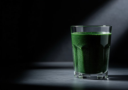 Dark green spirulina and kale smoothie in a glass, presented in a dramatic, low key studio setting. the beverage is rich in color, emphasizing health, detox, and nutrition concepts.の素材