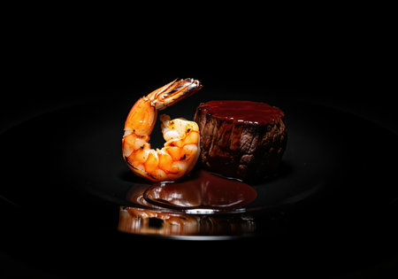 Grilled tiger prawn and thick beef steak covered in rich brown sauce, presented on a reflective black plate in a dramatic low key studio setting.の素材