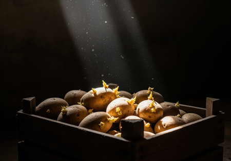 Seed potatoes with prominent yellow sprouts stored in a rustic wooden crate in a dark, cellar environment. a dramatic shaft of light illuminates the scene, highlighting the germination process.の素材
