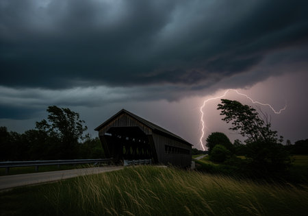 Covered wooden bridge stands against a dramatic backdrop of dark storm clouds and a powerful lightning strike during a severe summer thunderstorm.の素材
