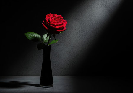 Single dark red rose with green leaves placed in a slender black glass vase. the scene is lit by a dramatic spotlight against a dark, textured wall, creating a moody, low key atmosphere suitable for concepts like romance, loss, or passion.の素材