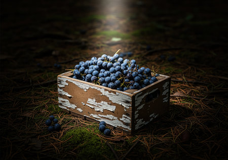 Abundant dark blue grapes piled high in a vintage, chipped wooden crate resting on a mossy forest floor. dramatic low key lighting emphasizes the harvest theme.の素材