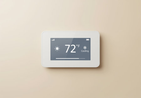 Contemporary white smart thermostat mounted on a beige wall, displaying 72 degrees fahrenheit and indicating the cooling mode is active. represents modern climate control, HVAC, and energy efficiency.の素材