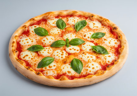Classic italian margherita pizza featuring a crispy crust, rich tomato sauce, fresh mozzarella cheese, and vibrant green basil leaves, presented on a neutral background.の素材