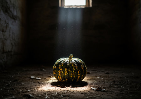 Warty green and yellow squash sitting alone on a dirt floor in a dark, moody basement, dramatically illuminated by a strong, dusty beam of sunlight entering from a small window above. rustic, harvest, and halloween concept.の素材