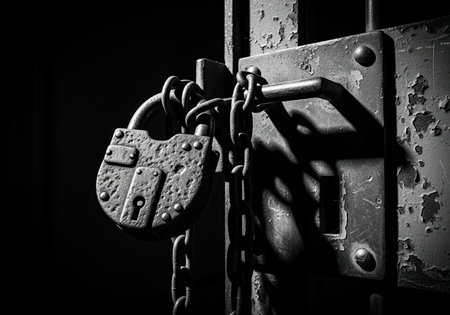 Heavy vintage padlock and thick chain securing a dark, rusty, peeling metal door or gate, captured in dramatic black and white lighting. symbolizes security, confinement, and history.の素材
