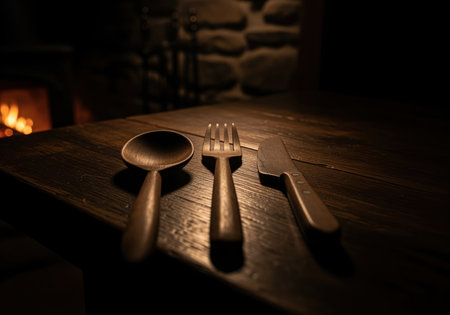 Rustic wooden spoon, fork, and knife resting on a dark, textured wooden table in a low key setting. warm fire glow illuminates the scene, suggesting a cozy cabin dinner.の素材