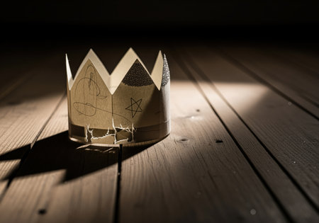 Crumpled, child sized, handmade paper crown with scribbles and glitter resting on a dark wooden floor. dramatic low key lighting emphasizes themes of lost childhood and forgotten royalty.の素材