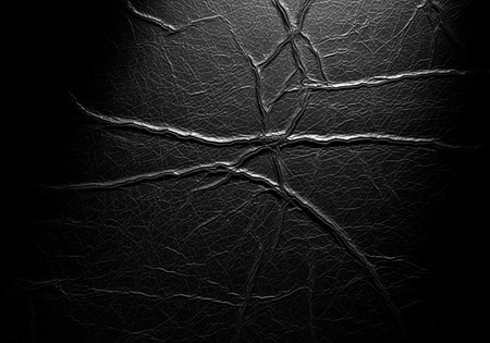 Cracked black leather texture captured in a dramatic low key macro photograph. deep wrinkles and illuminated lines contrast sharply against the dark surface, perfect for grunge or abstract design backgrounds.の素材
