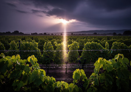 Vineyard landscape featuring rows of grapevines glistening with raindrops. a powerful sunburst breaks through dark storm clouds, creating a dramatic and atmospheric scene.の素材