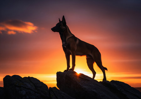 Belgian malinois dog standing proudly in silhouette on a rocky peak against a vibrant, dramatic sunset sky, symbolizing loyalty, vigilance, and adventure.の素材
