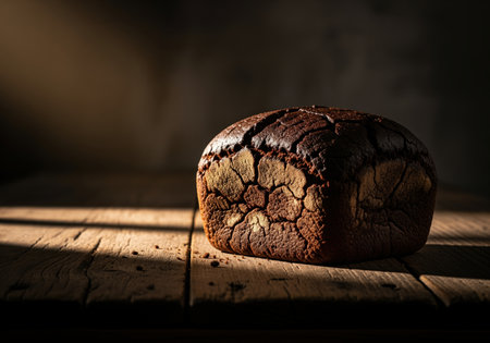 Rustic dark rye bread loaf with a cracked crust sitting on an old, rough wooden surface. dramatic low key lighting highlights the texture and steam, suggesting freshness and traditional baking.の素材