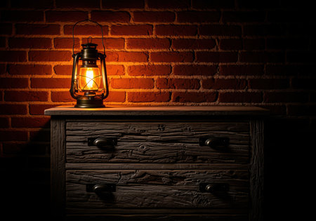 Vintage kerosene lantern casting a warm, dramatic glow onto a textured, distressed wooden cabinet set against a dark red brick wall. rustic, cozy, and historical atmosphere.の素材