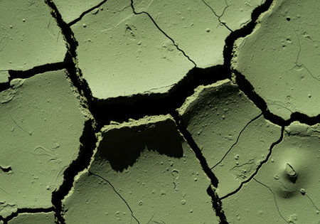 Cracked surface of dry olive green clay mask, displaying deep fissures and rough texture. symbolizes drought, dryness, desertification, or natural skincare.の素材