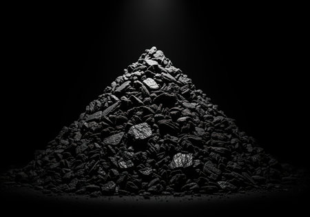 Large pyramid shaped pile of raw black coal or charcoal illuminated by a dramatic spotlight against a deep dark background. concept of fossil fuel, energy, mining, and industry.の素材