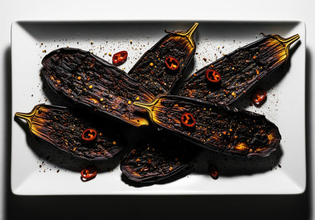 Deeply charred eggplant halves, seasoned with red chili pepper slices and spices, presented on a white rectangular plate in high contrast studio lighting. gourmet vegan food preparation.の素材