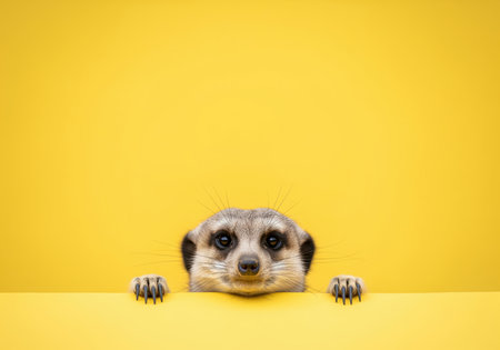 Curious meerkat peeking over a bright yellow surface, showing its head and front paws. studio portrait emphasizing animal curiosity, wildlife, and attention.の素材