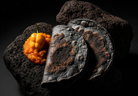 Deeply charred, rustic blue corn tortillas presented dramatically on dark volcanic rock alongside a vibrant orange habanero pepper sauce. high contrast, moody gourmet food concept.の素材