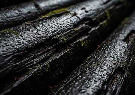 Dark, wet, textured surface of old wood logs covered in glistening rain droplets and patches of vibrant green moss. low key, moody natural background texture.の素材