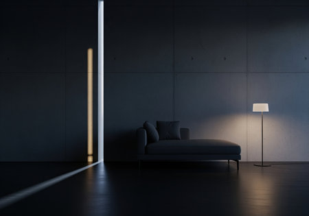 Dark, modern minimalist interior featuring a charcoal grey chaise lounge and a glowing floor lamp against a concrete wall. dramatic light beam enters from a vertical opening, creating a moody, high contrast atmosphere.の素材