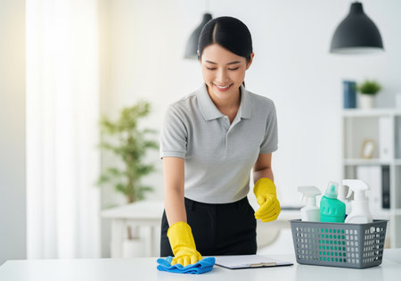 Friendly professional cleaner woman in uniform and yellow gloves wiping down a white office desk with a blue microfiber cloth. basket of cleaning supplies nearby, emphasizing hygiene, service, and maintenance.の素材