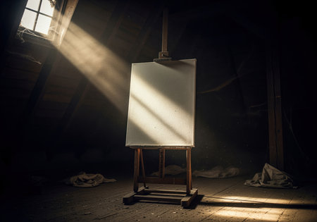 Blank canvas resting on an old wooden easel in a dusty, dimly lit attic. dramatic sun rays stream through a window, illuminating the potential for art and creativity.の素材